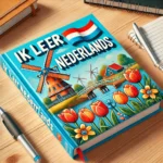 DALL·E 2024-12-16 23.09.04 - A realistic image of a Dutch language learning book titled 'Ik leer Nederlands' lying on a wooden desk. The book has a vibrant cover with cheerful col